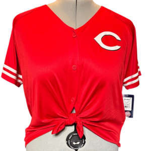 Majestic Cincinatti Reds Women's Red Jersey Top with White Logo & Sleeve Stripes
